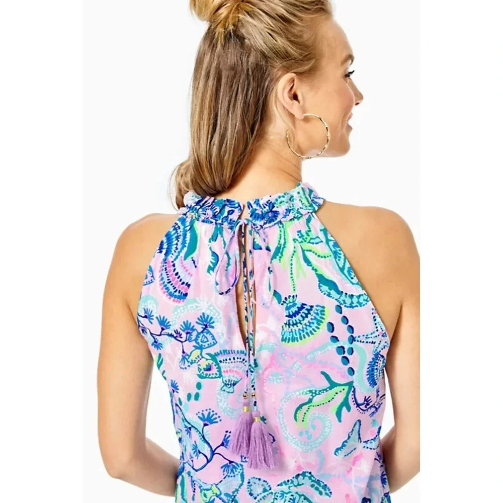 Lilly Pulitzer Everly Maxi Dress Mermaid Halter Ruffle Pink Sleeveless Size XL - Picture 11 of 16